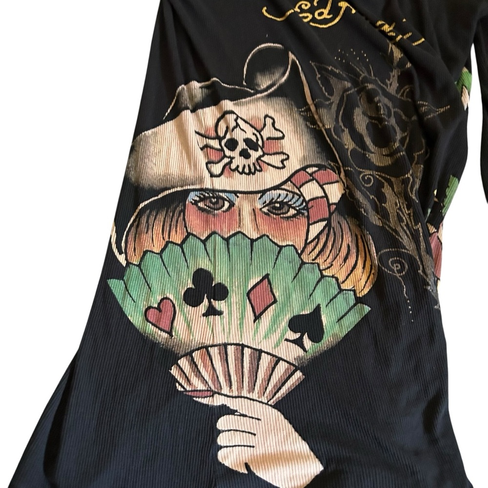 VTG Y2K Ed Hardy Black Long Sleeve Tattoo Graphic Shirt / Mini Dress Goth Medium - Picture 8 of 16